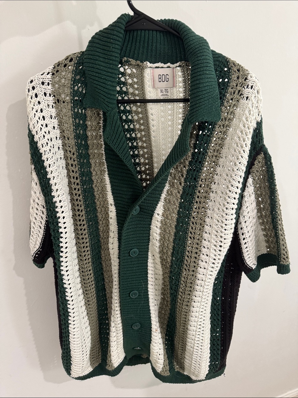 BDG Men's Green, Cream & Olive Striped Open-Knit Button Up Short Sleeve Shirt